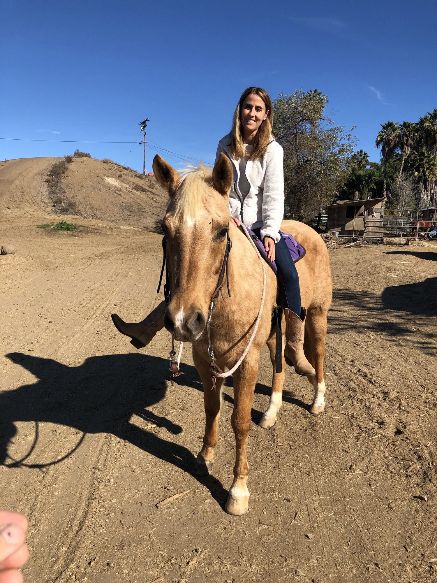 Linda riding a palomino horse